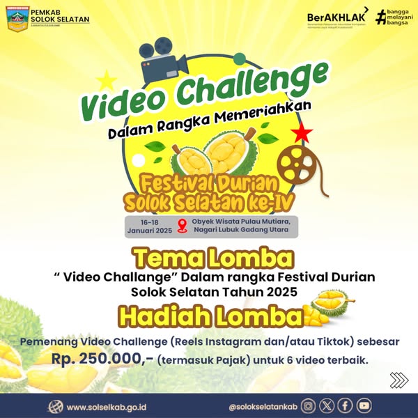 Festival Durian Solok Selatan 2025 telah dimulai sejak hari ini, Kamis (16/1/2025) dan akan berlangsung hingga Sabtu (18/1/2025) nanti.