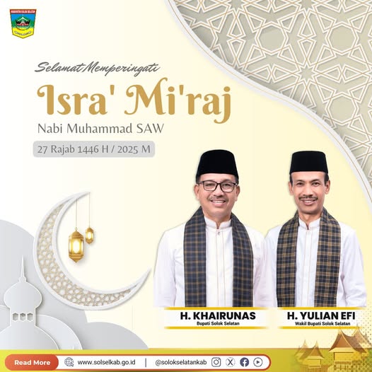 Selamat memperingati Isra' Mi'raj Nabi Besar Muhammad SAW. Mari kita tauladani dan kita ambil hikmahnya, yaitu untuk menegakkan sholat lima waktu setiap harinya.