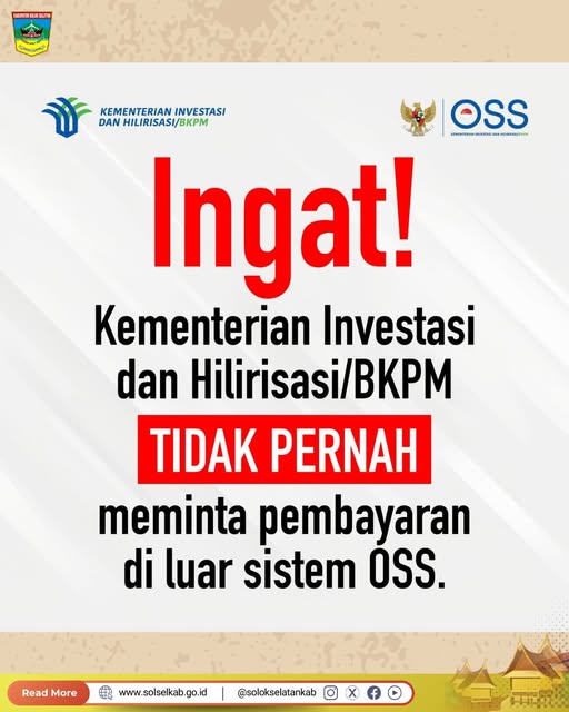 Kementerian Investasi dan Hilirisasi/BKPM tidak pernah meminta pembayaran di luar sistem OSS