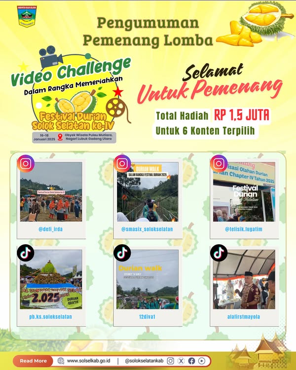 Pemenang Video Challenge dalam rangka memeriahkan Festival Durian Solok Selatan Tahun 2025.