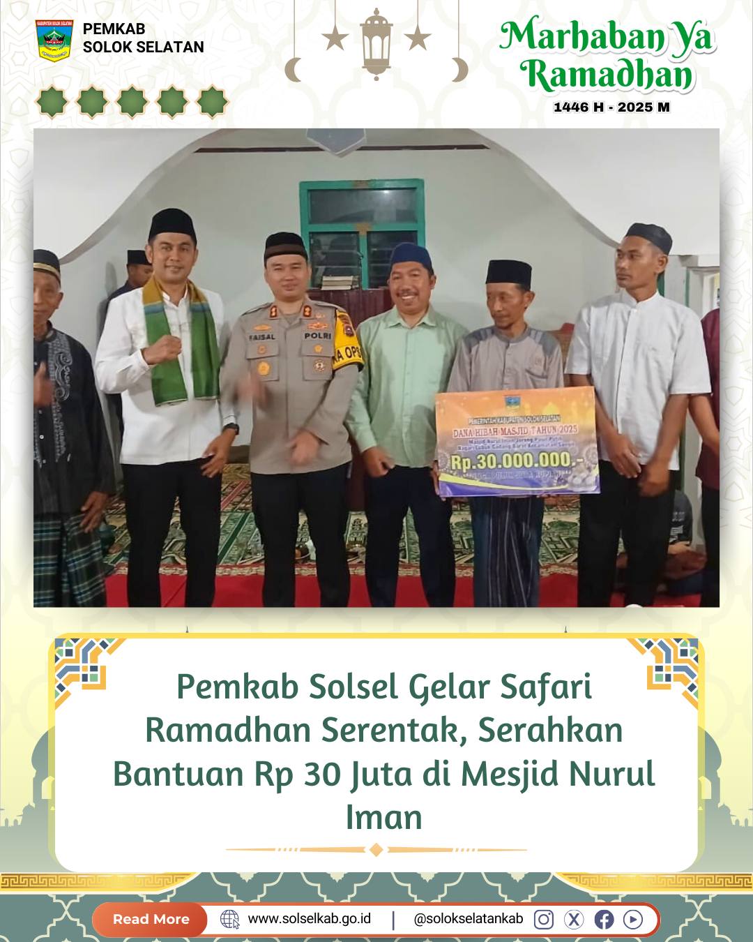 Pemkab Solsel Gelar Safari Ramadhan Serentak, Serahkan Bantuan Rp 30 Juta di Mesjid Nurul Iman