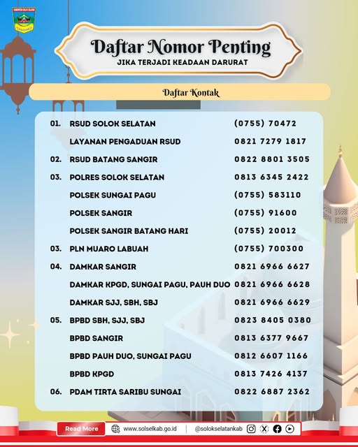 Berikut kami sampaikan nomor kontak darurat yang bisa dihubungi masyarakat Kabupaten Solok Selatan.