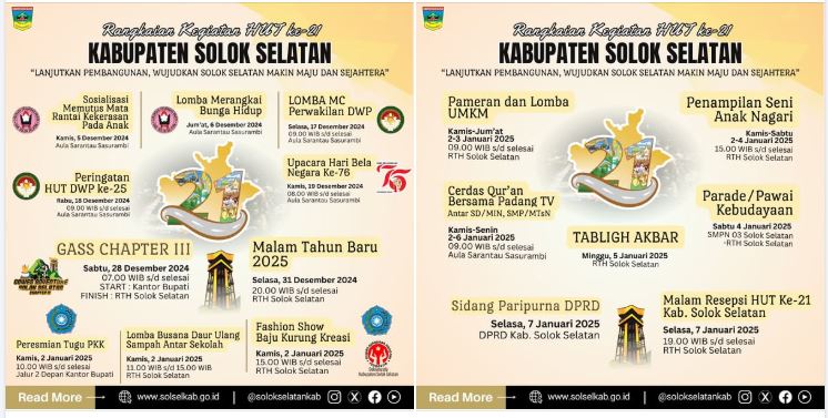 Berikut rangkaian kegiatan perayaan HUT ke-21 Kabupaten Solok Selatan.